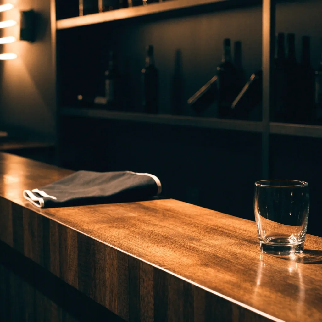 A wiped bar top with a folded apron cloth and a single clean glass under raking amber light