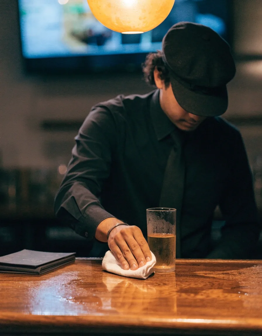 A folded menu card resting shut beside a single glass on a bar top under amber light