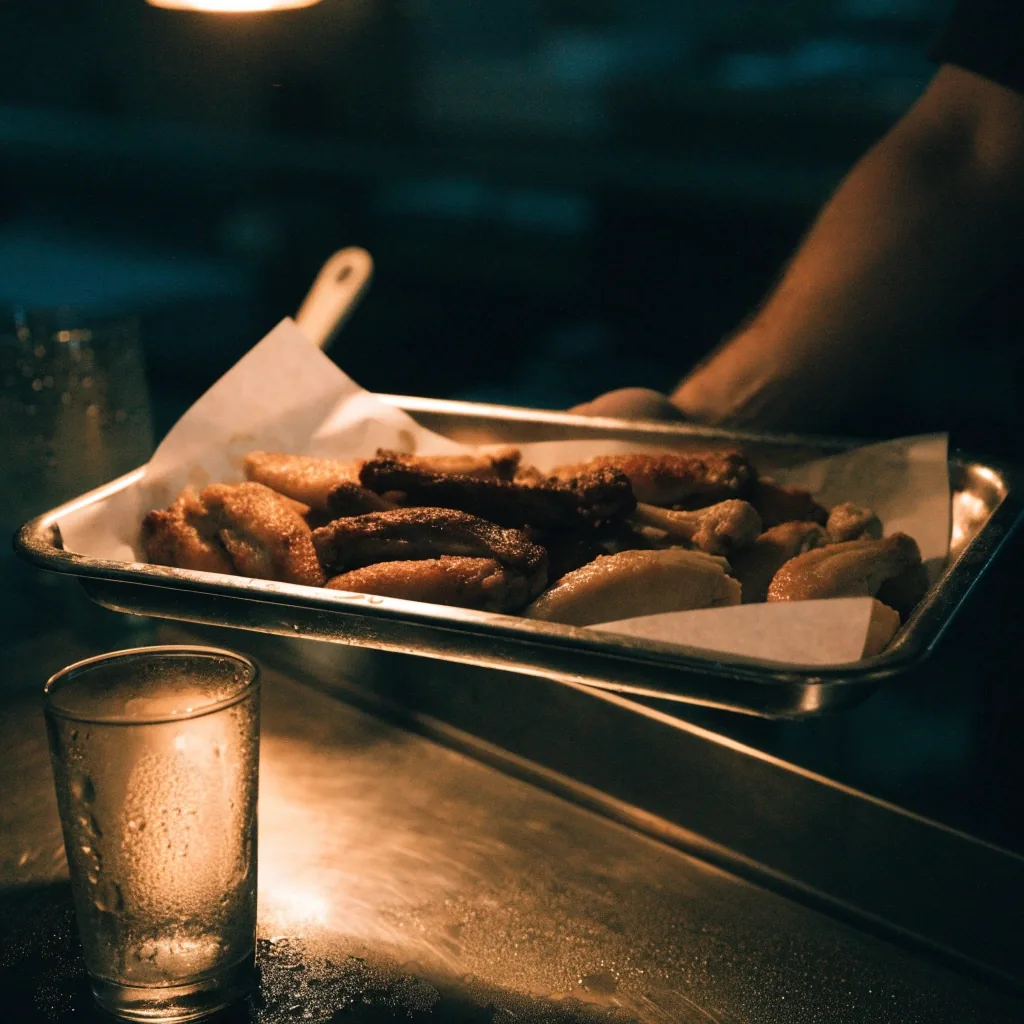 A shareables tray of wings passing across a wet counter under one amber lamp