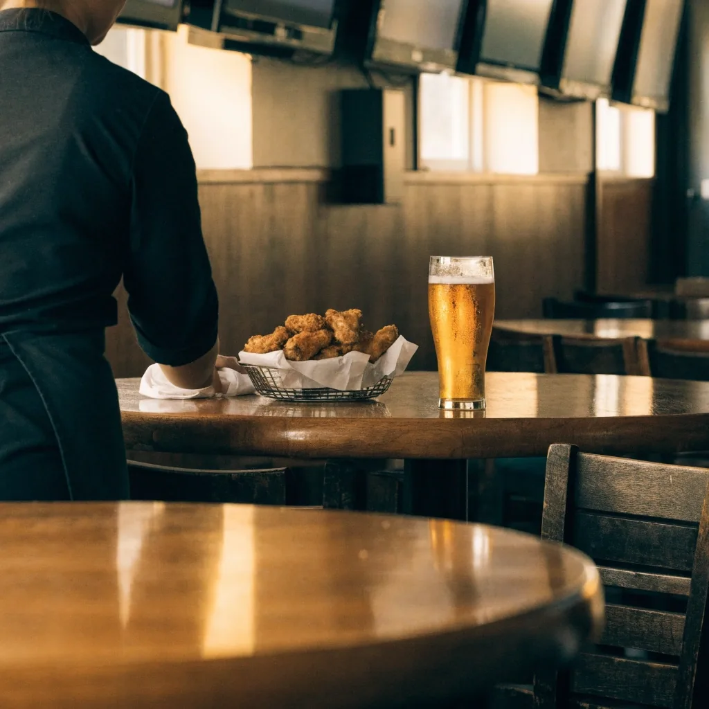 A server's hands carrying a plate through a dark dining room under warm light