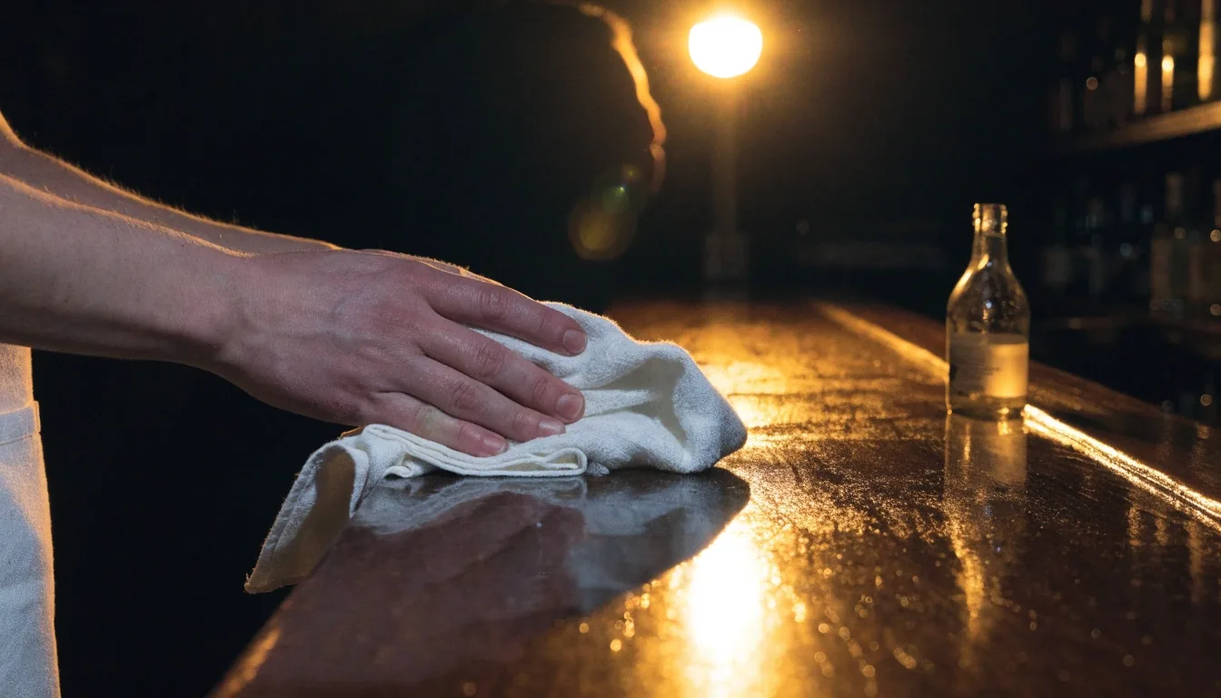 A bartender's hands wiping a dark wood bar counter under warm lamp light