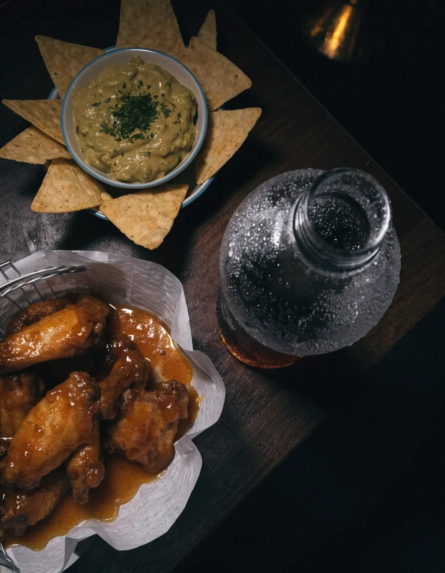 A tray of sauced chicken wings and a warm dip on a dark bar top under a single amber lamp