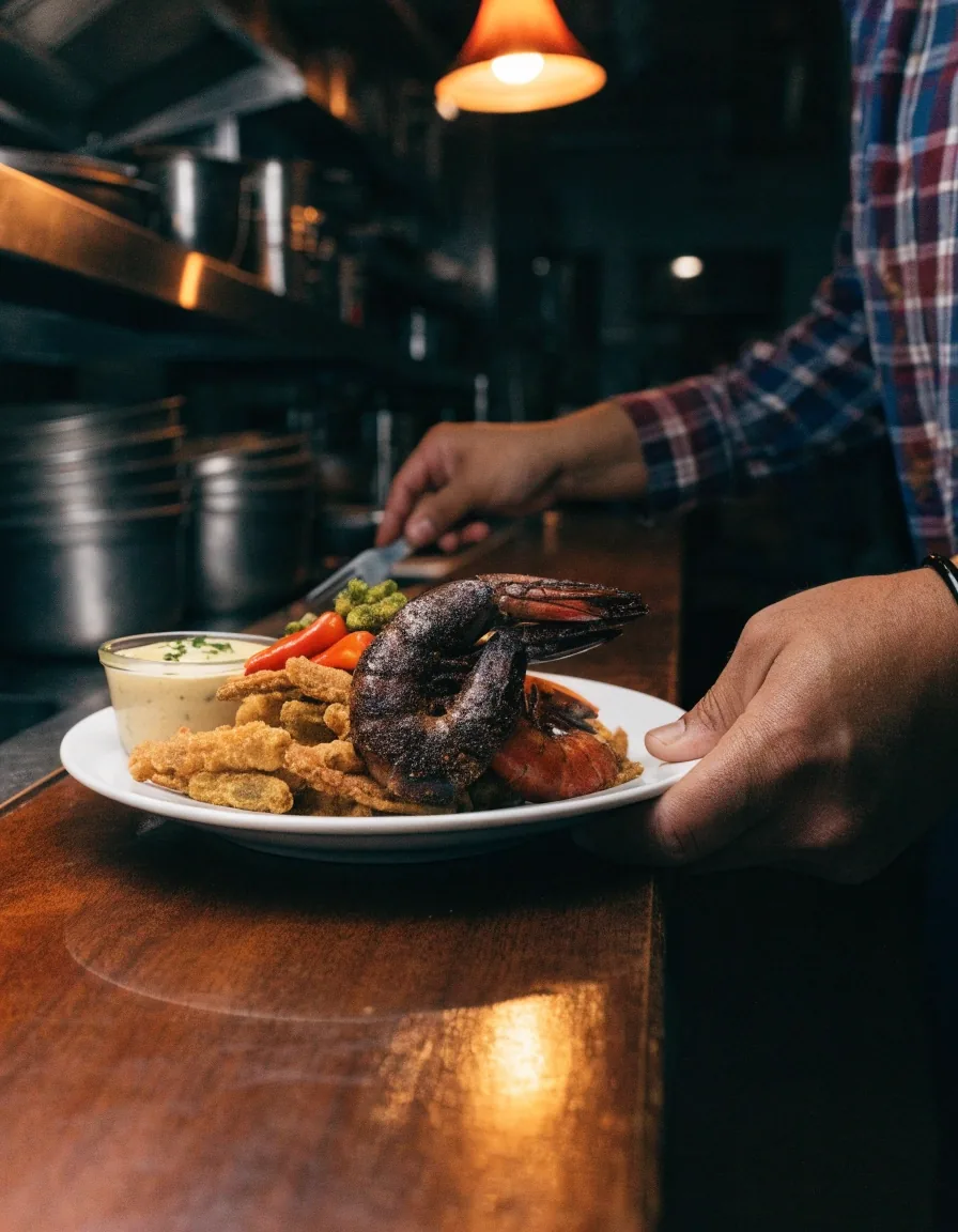 Louisiana-style casual dining dishes on a dark bar top under warm lamp light