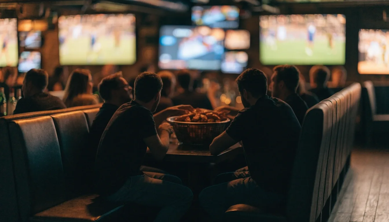 Silhouettes of a group at a booth reaching for a shared basket while screens glow behind them
