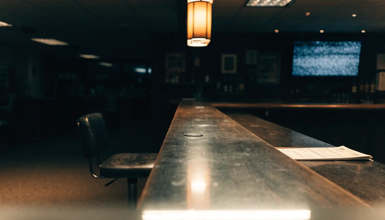 An empty stool and wiped bar counter under an amber wall lamp at a closed casual grill
