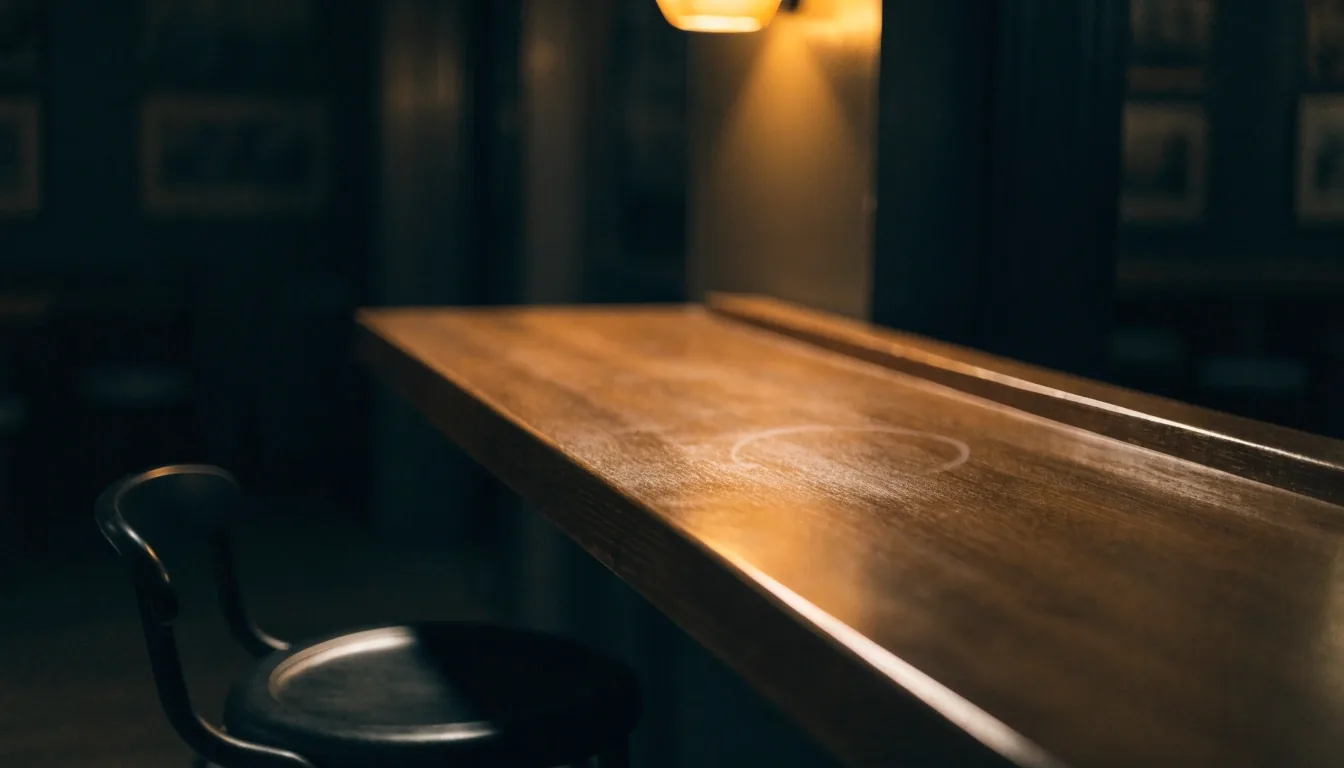 A single empty bar stool under an amber wall lamp with a wiped bar surface and one glass ring left in the sheen