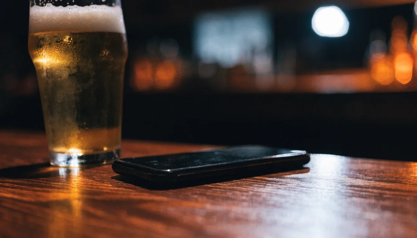 A phone laid face down on a bar top beside a glass, with amber bar light reflected in the wood
