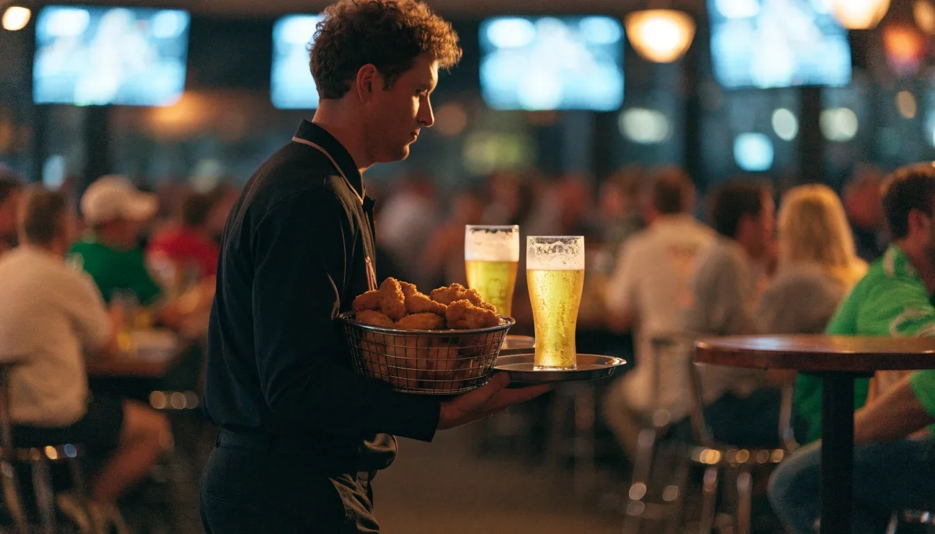 A hand pouring a draft beer from a tap into a cold glass on a bar top at night