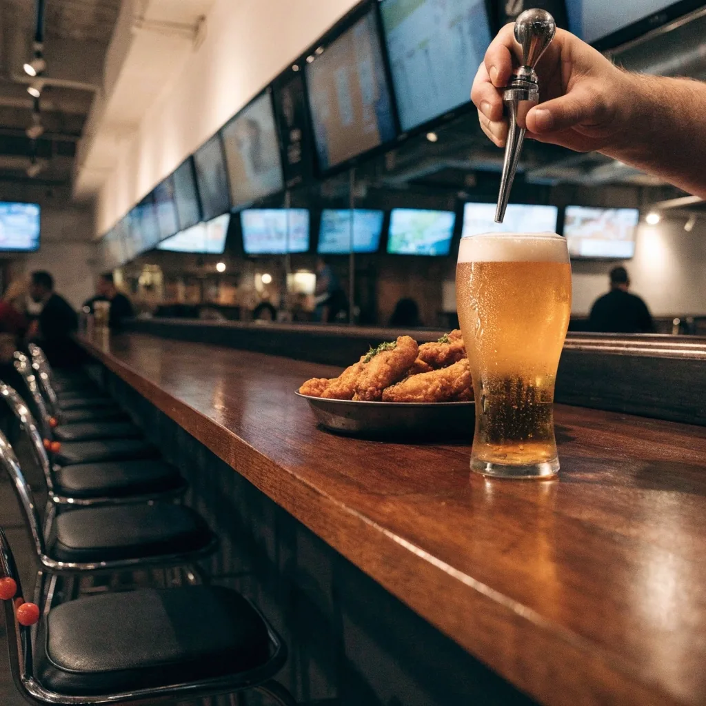 A row of stools along a wet bar top with a highlight running the length of the wood