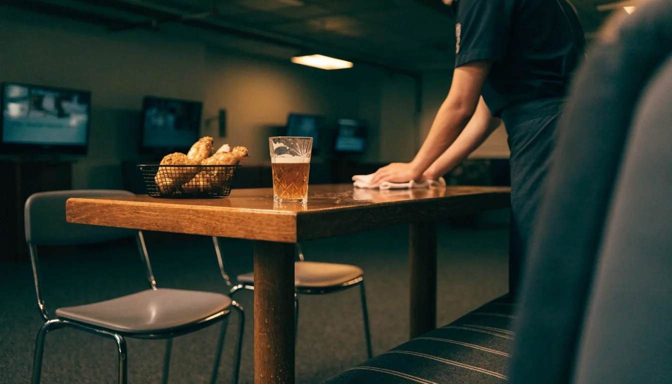 An emptied sports-bar room at night with dark wall screens and one amber lamp over wiped wood tables