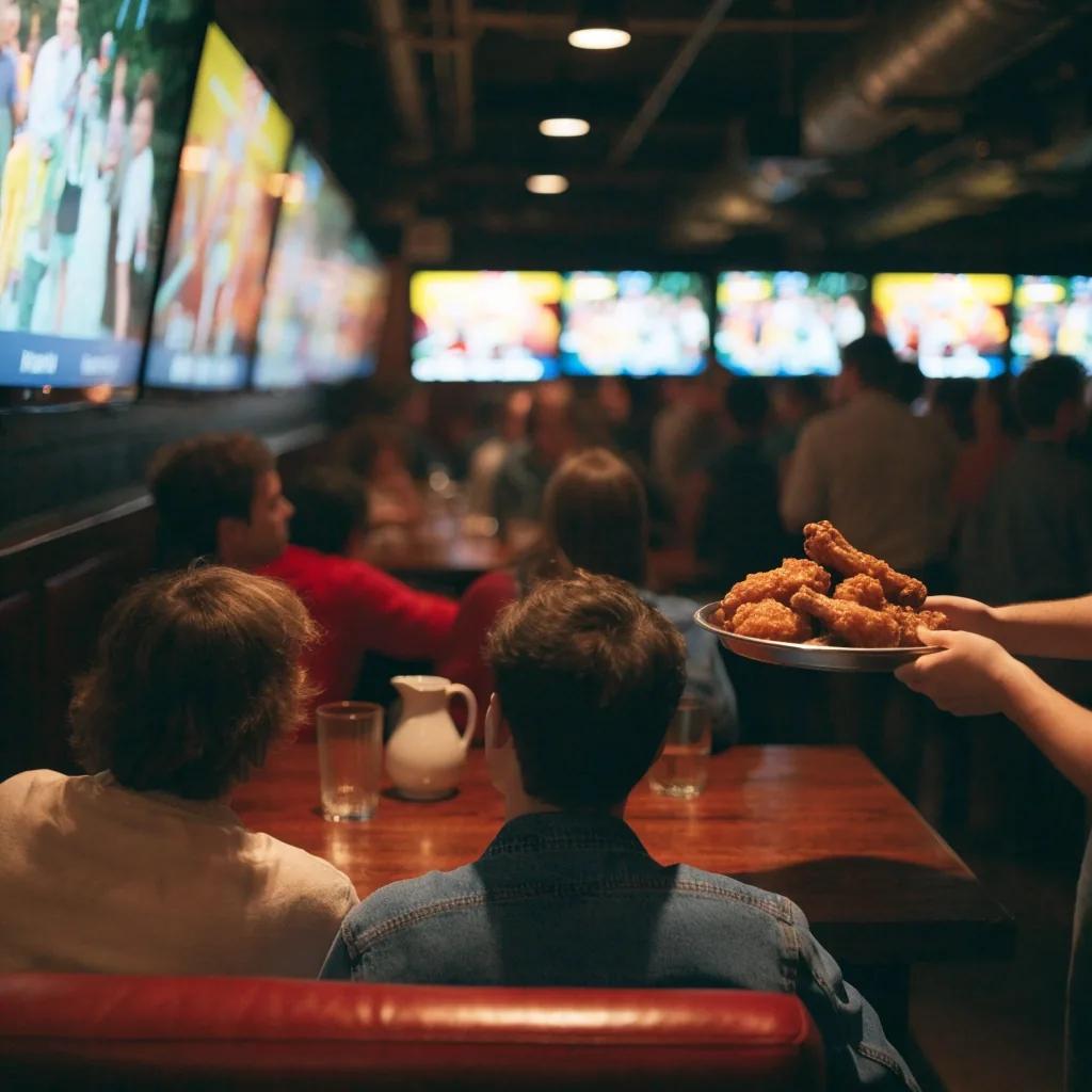 Friends in a booth passing a plate of wings while blurred bar screens glow behind them