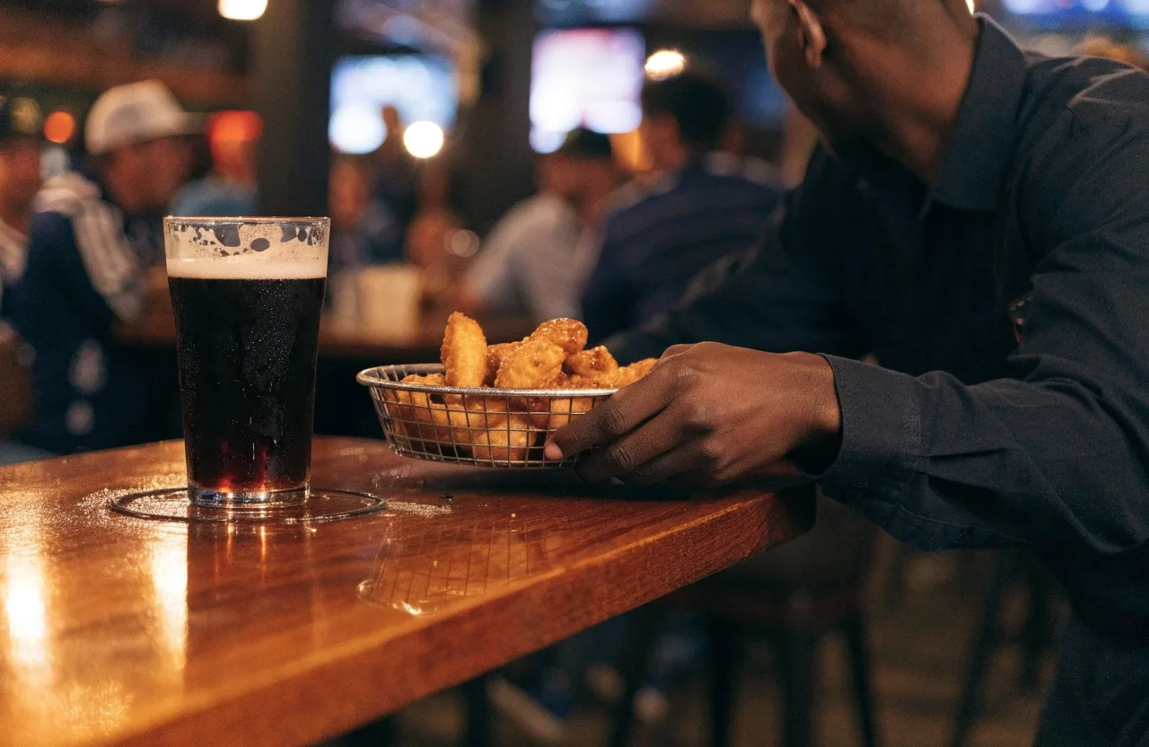 Wings in a paper-lined basket beside a draft beer on a bar top