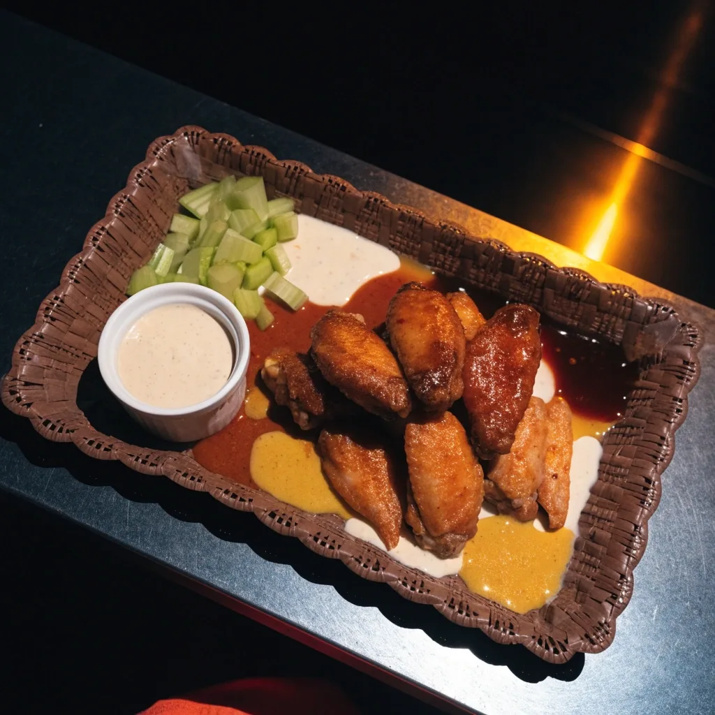 A basket of bone-in and boneless wings with several sauces on a bar top under sodium light