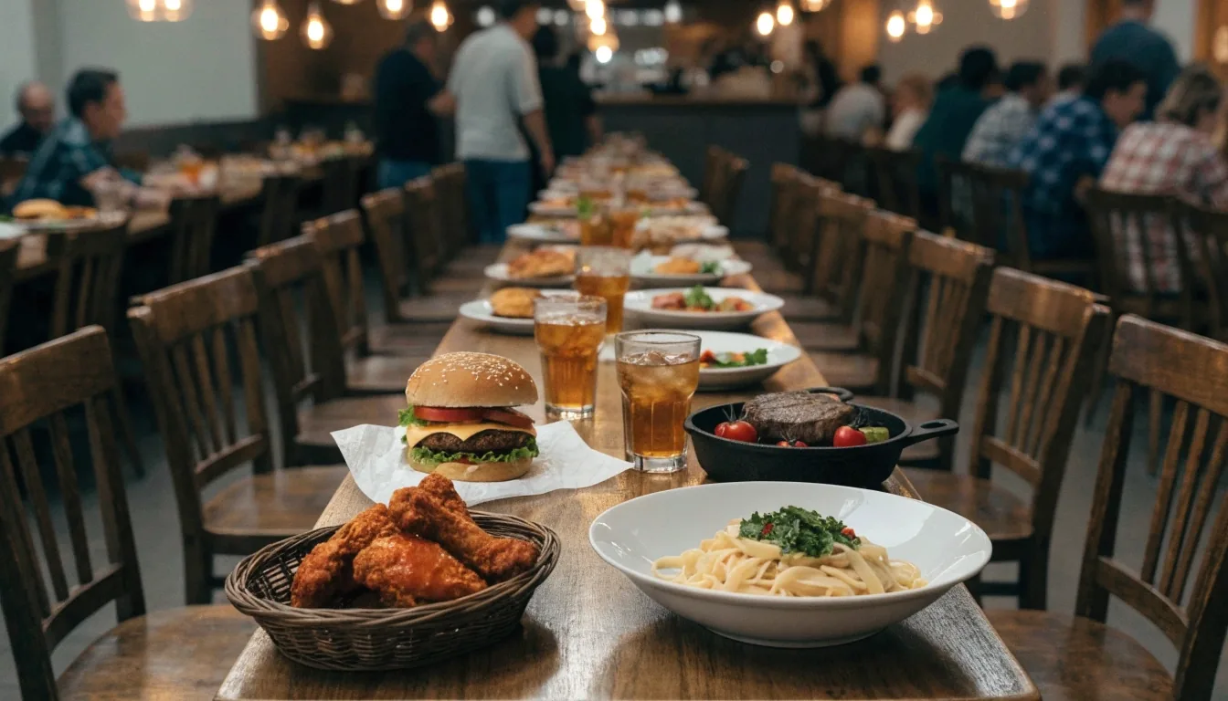 One long table in a casual-dining room holding wings, a cut burger, pasta, and steak at once