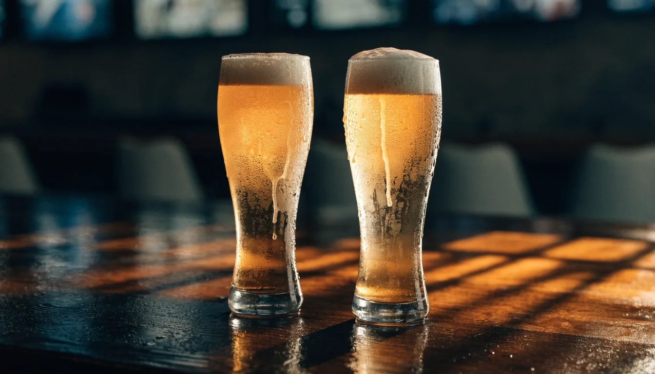 Two draft pours side by side on wet dark wood under raked amber light