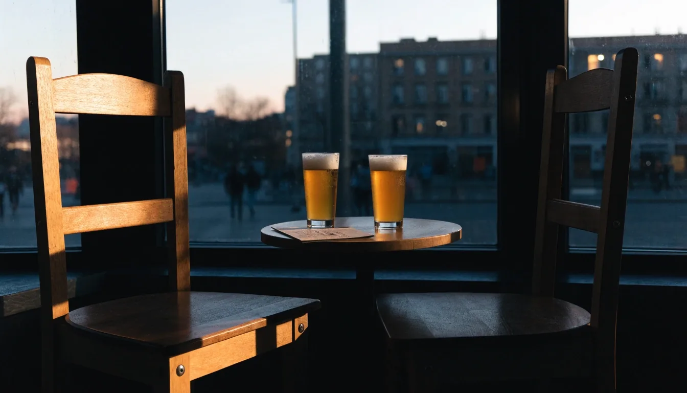 Two chairs and one table at the window of an emptied sports bar, two pours on the wood and a folded menu card between them