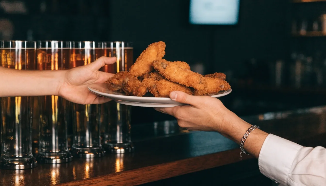 A plate being passed across the bar with draft glasses behind it