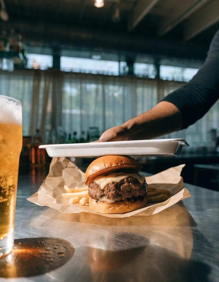 A burger cut in half on paper beside fries on a bar top