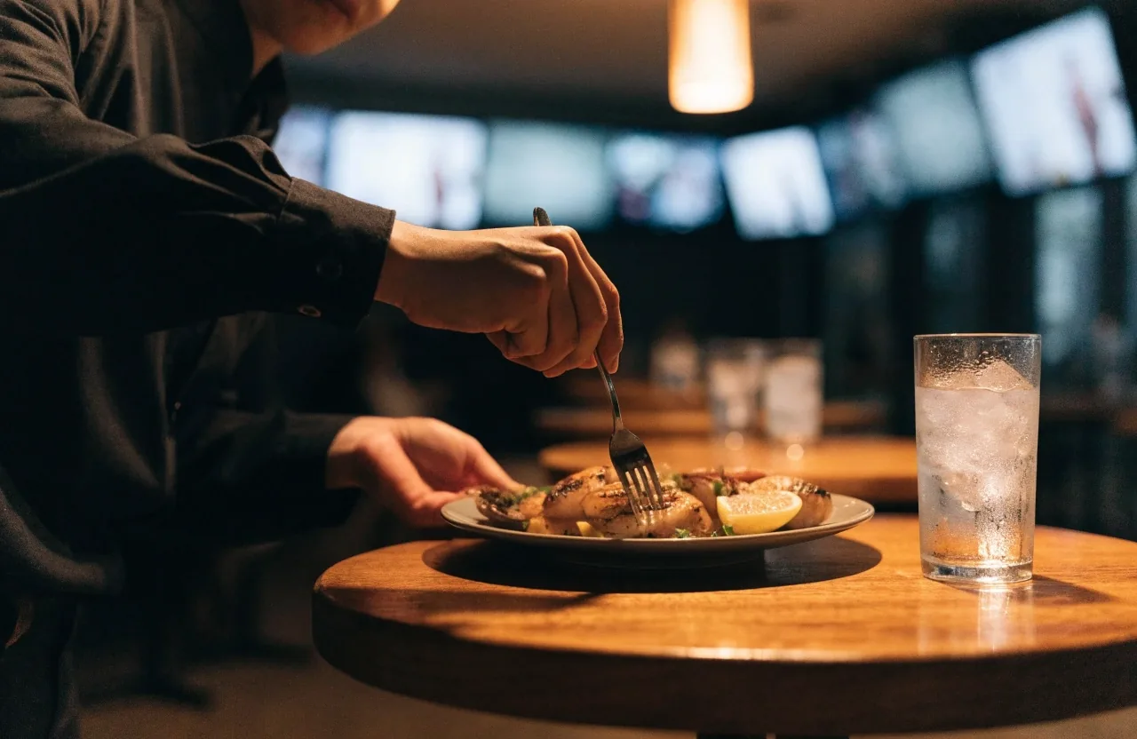 A grilled steak entrée with a side of vegetables on a bar table under warm light