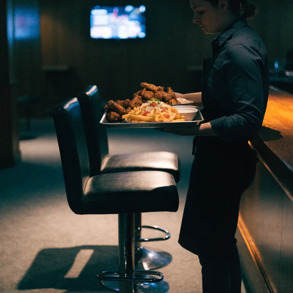 A shareables tray on the bar of an emptied sports-bar room at night
