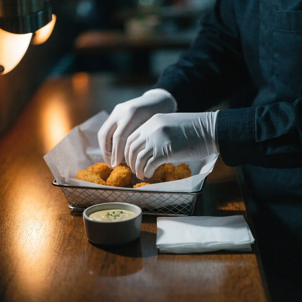 Boneless chicken bites on a basket liner with a dip ramekin beside them