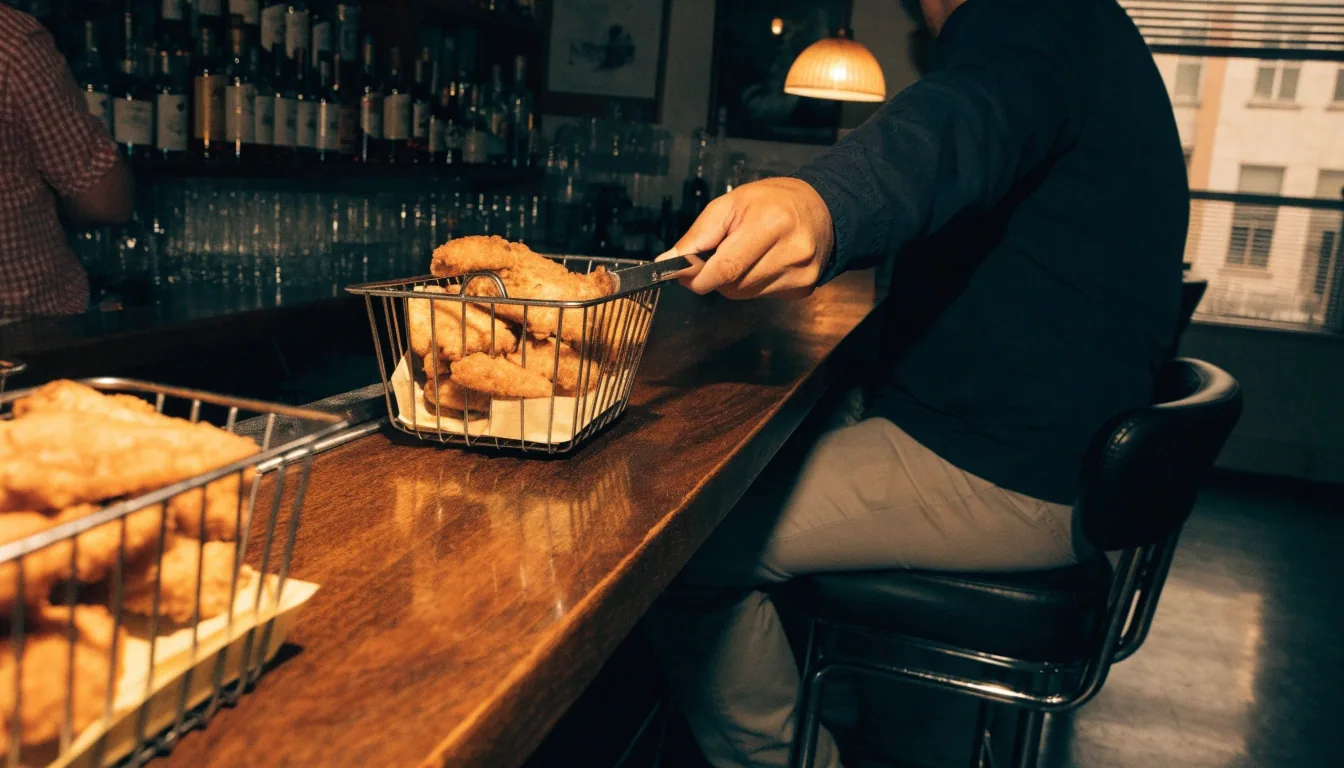 Two baskets of chicken wings, bone-in and boneless, on a bar top under lamp light