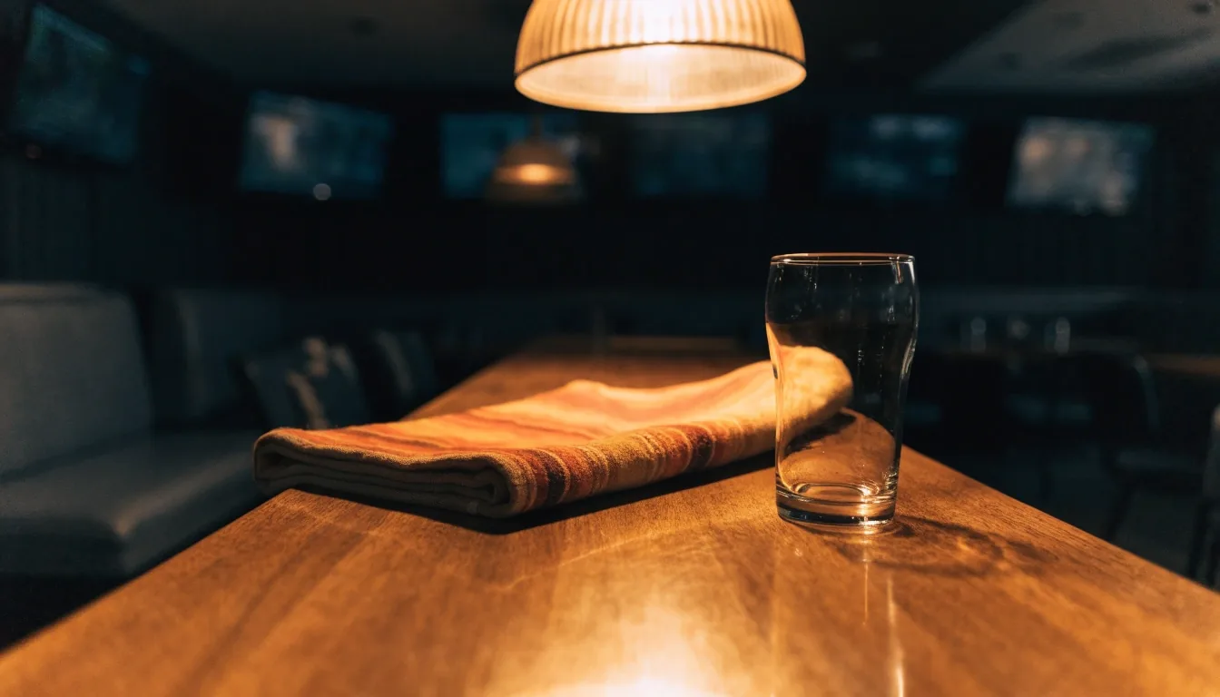 An empty bar surface at night with a single glass ring and one lamp reflecting along the wet wood