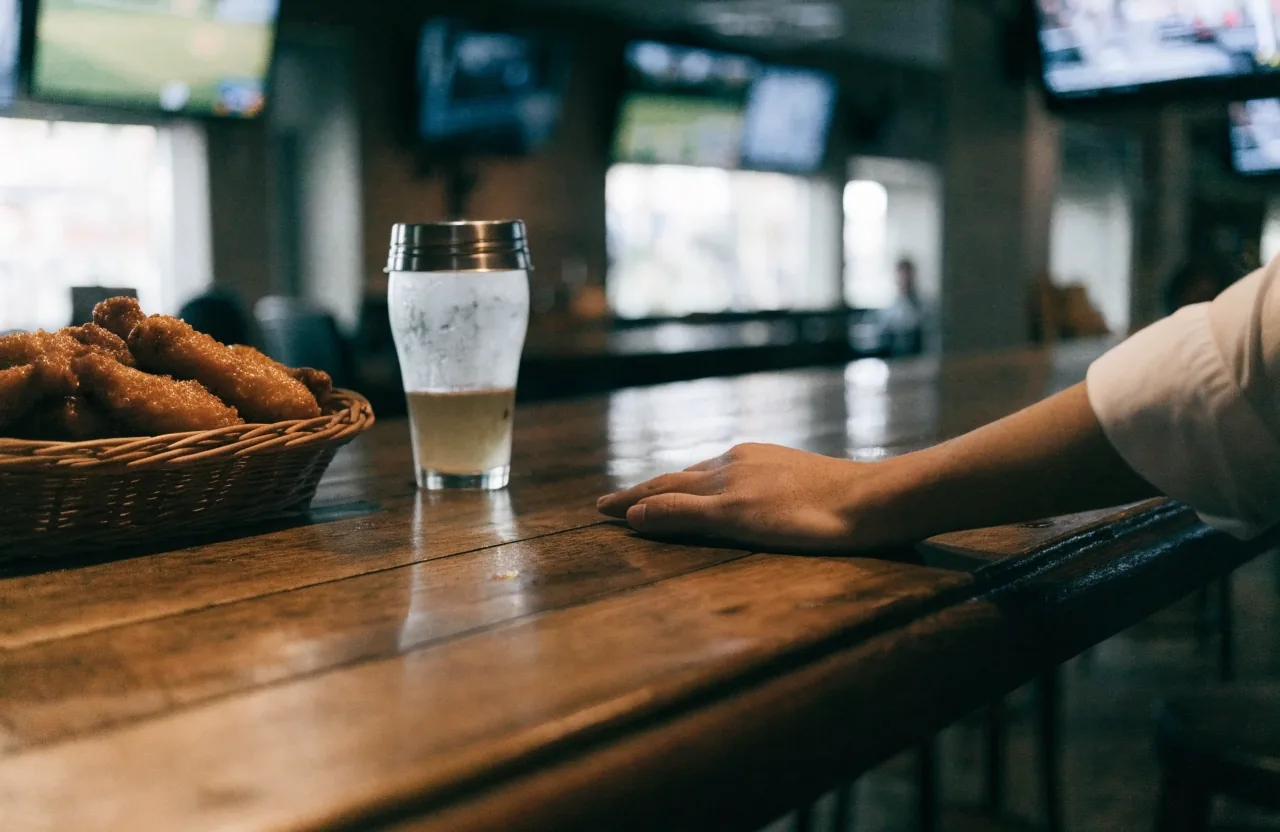 A bartender's hands wiping the bar top with a folded cloth, unlabeled bottles lined up behind under a single amber lamp